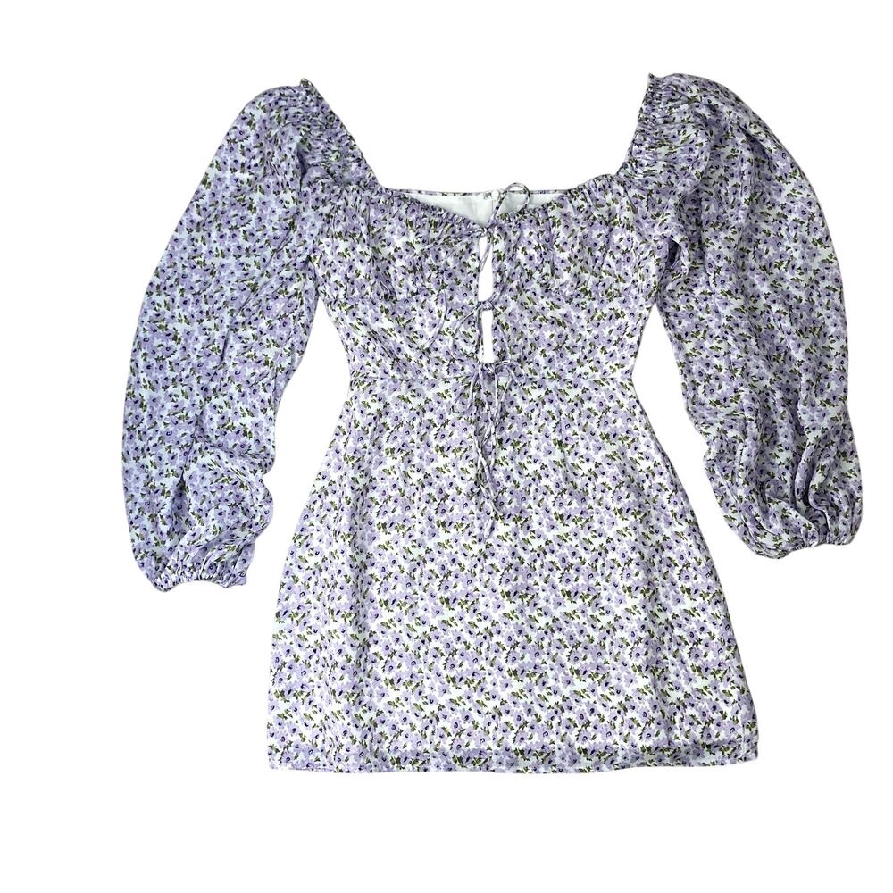More to Come NEW Shelly Puff Sleeve Mini Dress Lavender Floral Small